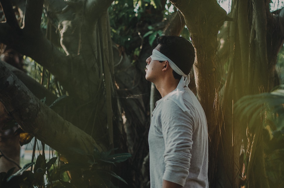 Blindfolded man in the forest